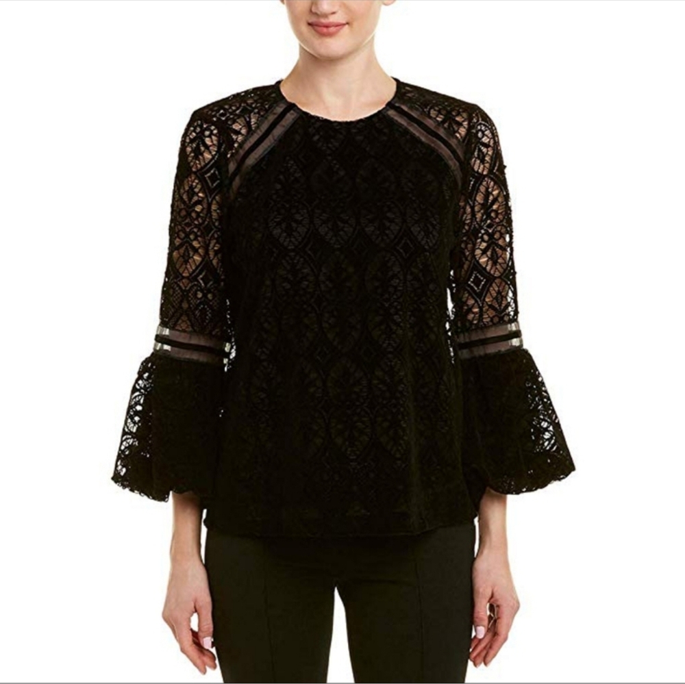 Edgy Witchy Goth Laundry By Shelli Segal Small Black Bell Sleeve Lace Top Velvet